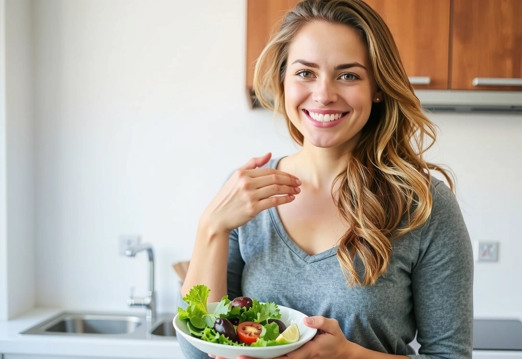 Mujer sonriendo y comiendo una ensalada fresca