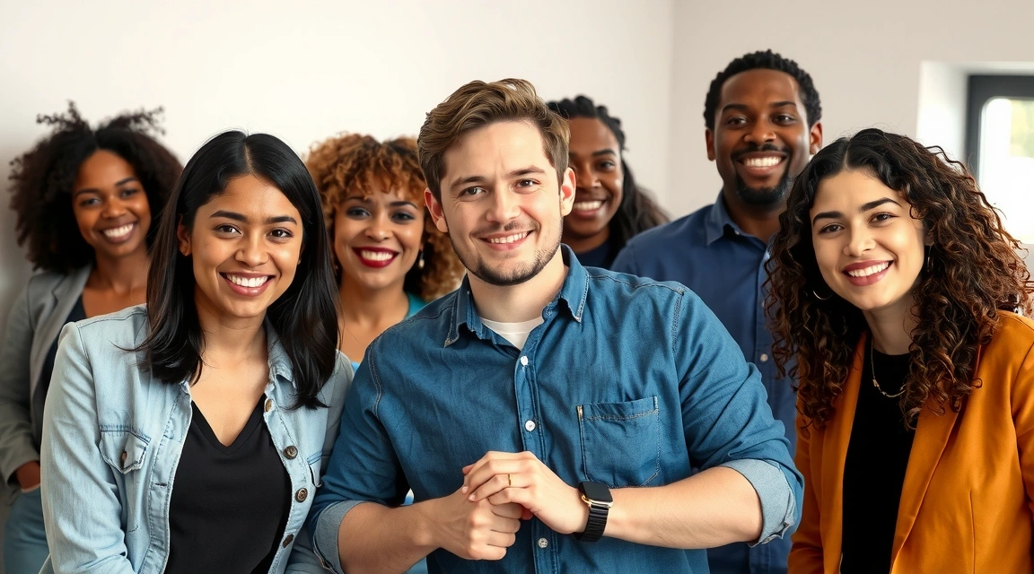 Grupo de personas diversas y felices, simbolizando comunidad y bienestar