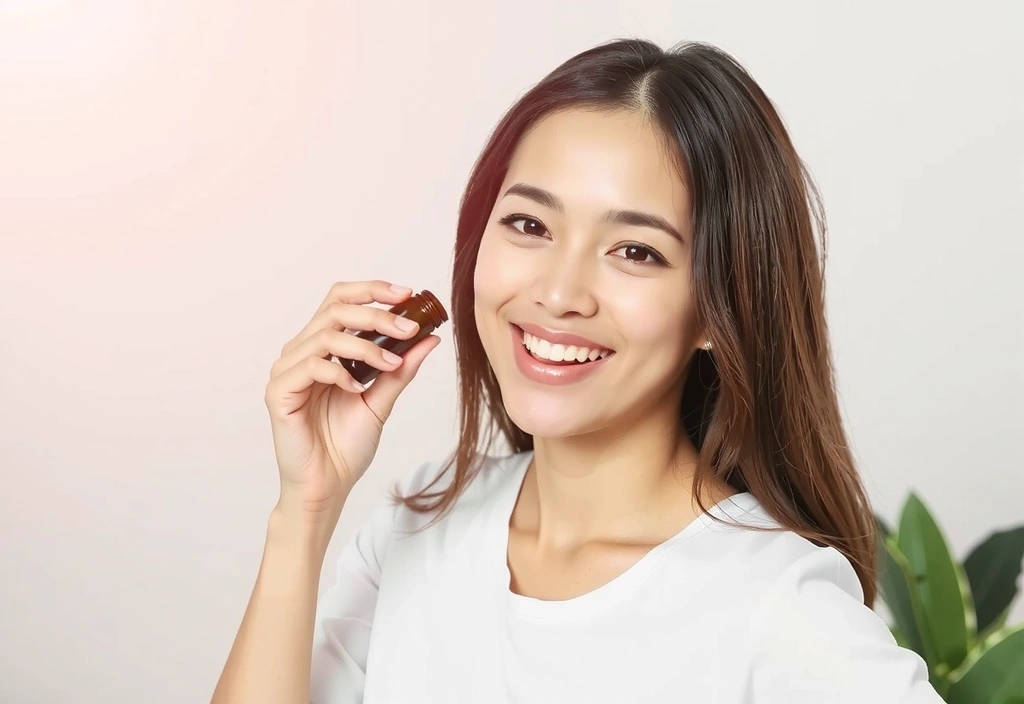 Mujer sonriendo mientras toma un suplemento natural