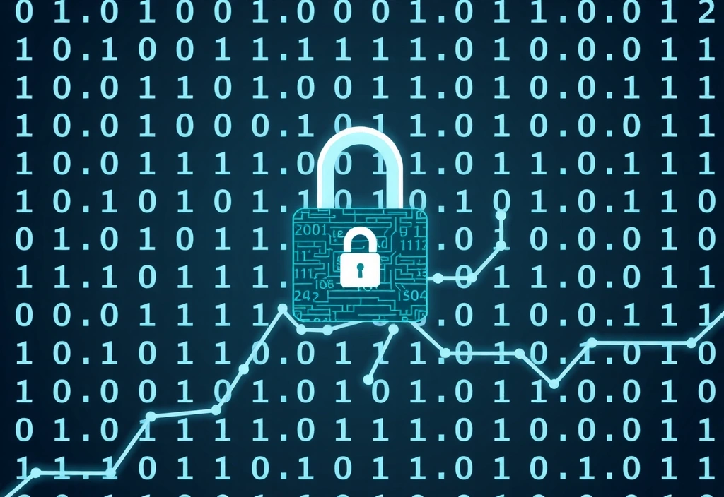 Ilustración de un candado digital con un fondo de código binario, simbolizando la seguridad de datos