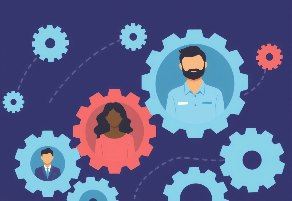 Ilustración de engranajes y personas colaborando, simbolizando el procesamiento de datos