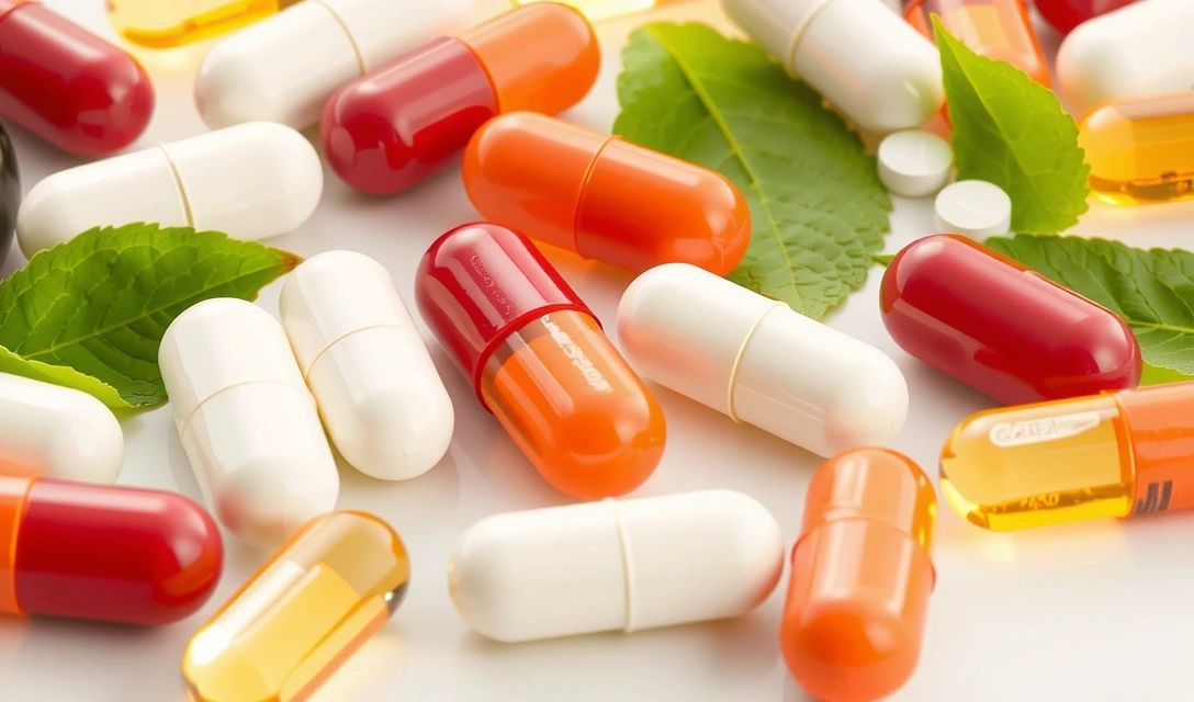 Representación abstracta de cápsulas de suplementos naturales y extractos de plantas, simbolizando pureza y salud.